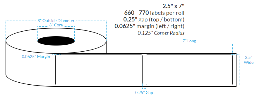 [100064-3X8-MWP-129-1000000] 2.5" x 7"  MATTE WHITE PAPER {ROUNDED CORNERS} Roll Labels (3"CORE/8"OD)