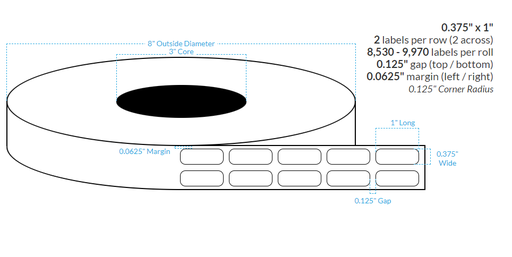 .375" x 1" HIGH GLOSS WHITE Polypropylene BOPP {ROUNDED CORNERS} Roll Labels (3"CORE/8"OD)