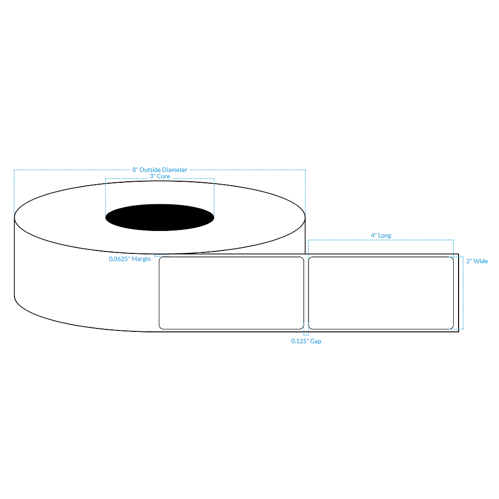 [100594-3X8-MWB-129-1000000] 2" x 4" MATTE WHITE Polypropylene BOPP {ROUNDED CORNERS} Roll Labels  (3"CORE/8"OD)