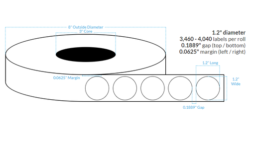[103811-3X8-SGWP-161-1000000] 1.2" Semi Gloss White Paper {Circle} Roll Labels (3"Core/8"OD)