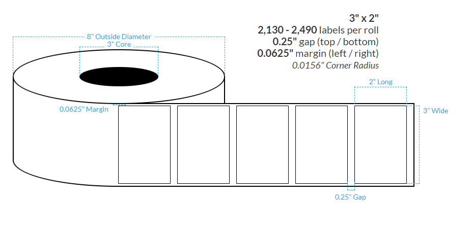 3" x 2"  MATTE WHITE Polypropylene BOPP {SQUARE CORNERS} Roll Labels  (3"CORE/8"OD)
