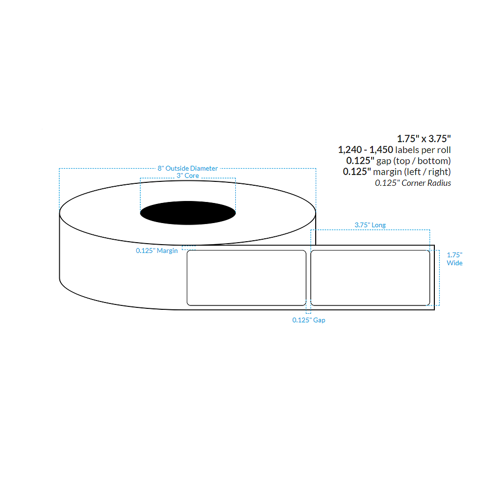 [100846-3X8-MWB-161-1000000] 1.75" X 3.75" Matte White Polypropylene BOPP {Rounded Corners} Roll Labels  (3"Core/8"OD)