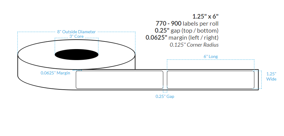 [100354-3X8-MWB-161-1000000] 1.25" X 6" Matte White Polypropylene BOPP {Rounded Corners} Roll Labels  (3"Core/8"OD)