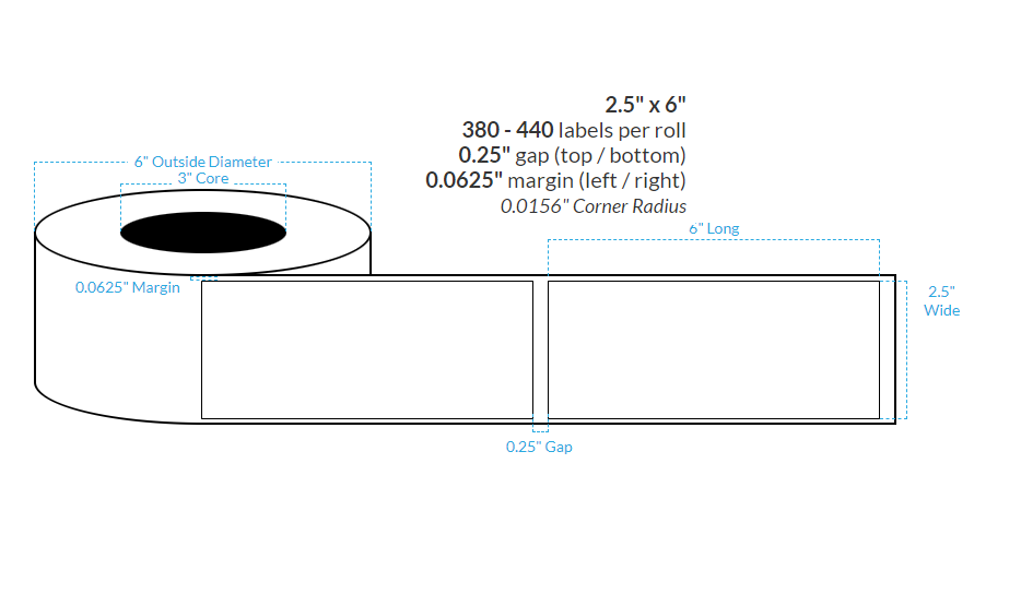 [102612-3X6-HGB-151-1000000] 2.5" X 6" Premium High Gloss White Polypropylene BOPP {Square Corners} Roll Labels (3"Core/6"OD)