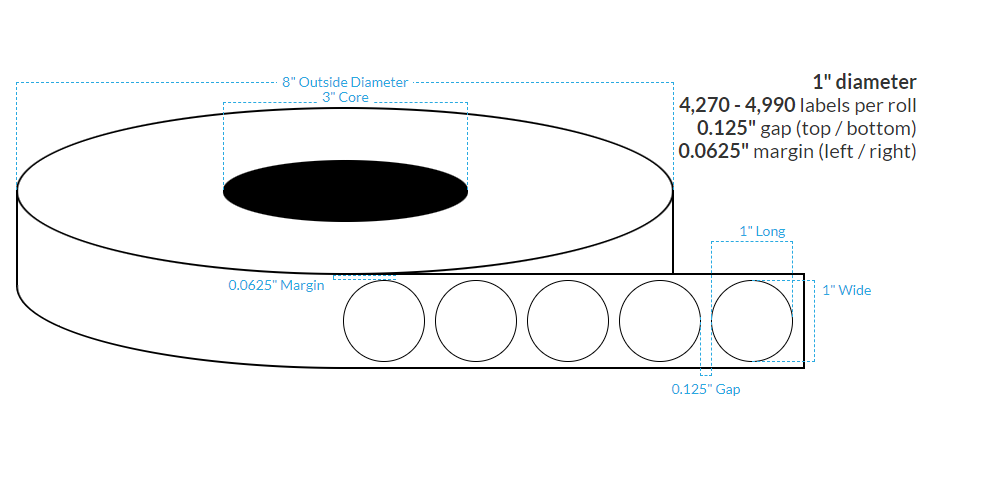 [101481-3X6-HGB-151-1000000] 2" Premium High Gloss White Polypropylene BOPP {Circle} Perforated Roll Labels  (3"Core/6"OD)