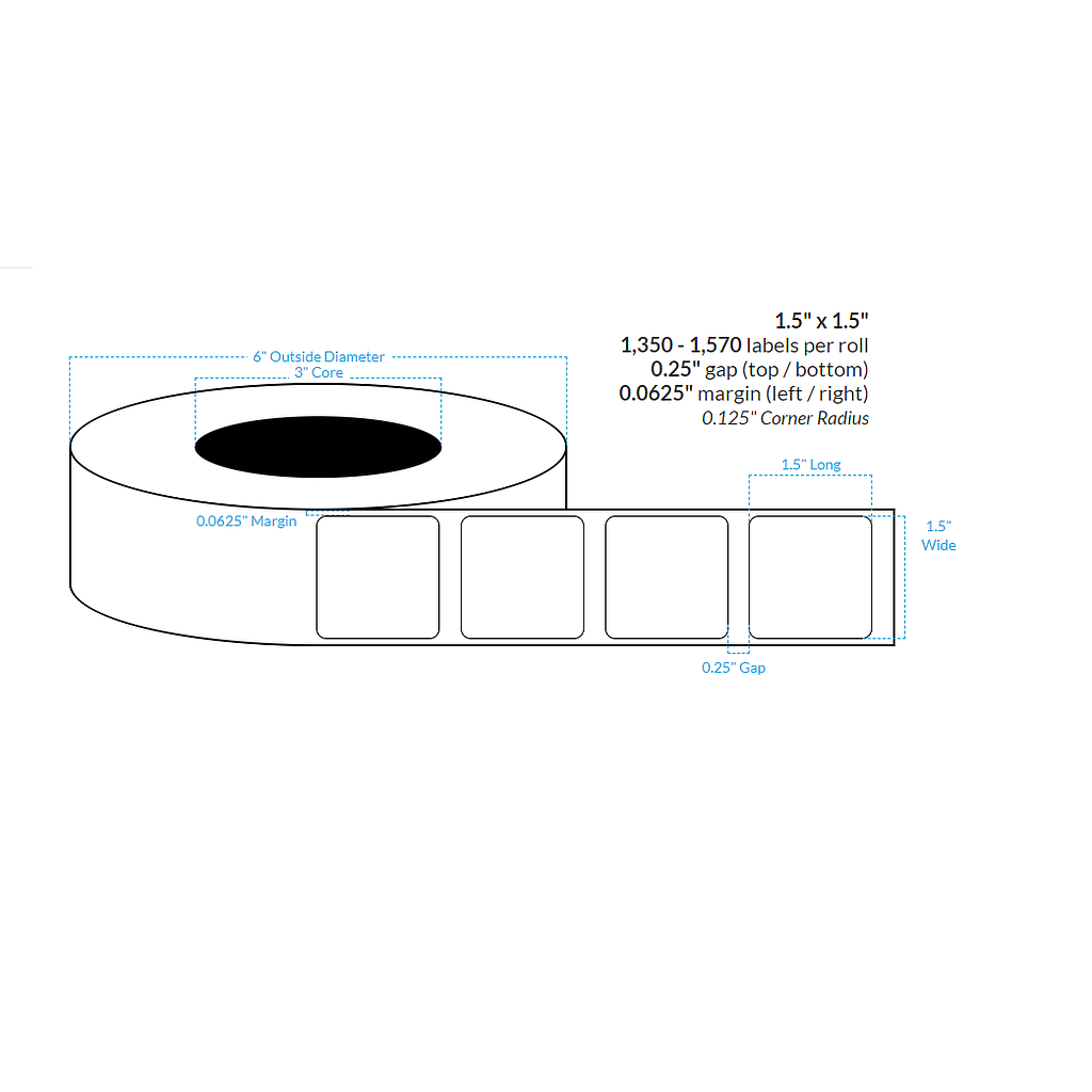 [100714-3X6-CB-149-1100000] 1.5" X 1.5"  Inkjet Clear Polypropylene (BOPP) {Rounded Corners} Roll Labels (3"Core/6"OD)