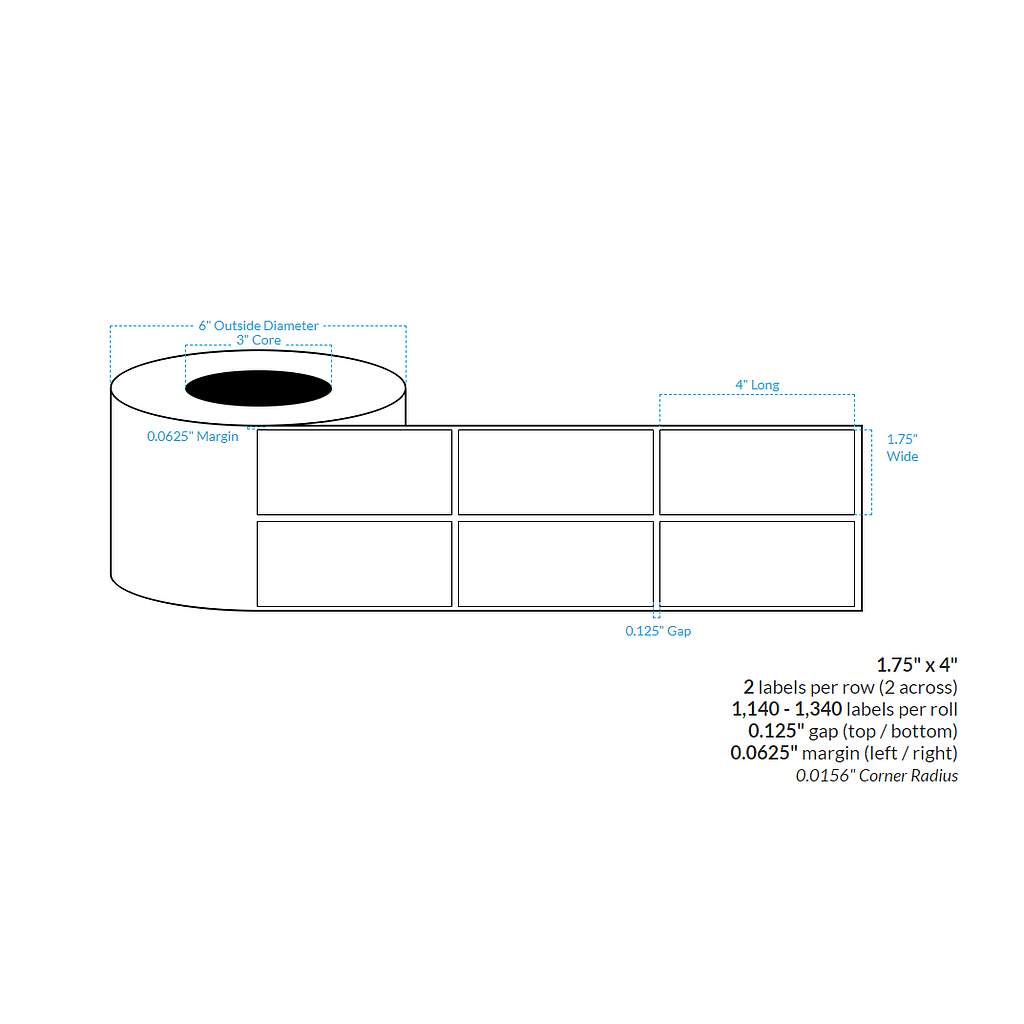 [101994-3X6-HGB-162-2000000] 1.75" x 4" HIGH GLOSS WHITE Polypropylene BOPP {SQUARE CORNERS} Roll Labels  (3"CORE/6"OD)