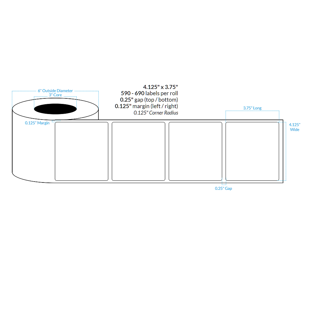 [101688-3X6-HGB-151-1000000] 4.125" X 3.75" PREMIUM HIGH GLOSS WHITE Polypropylene BOPP {ROUNDED CORNERS} Roll Labels  (3"CORE/6"OD)