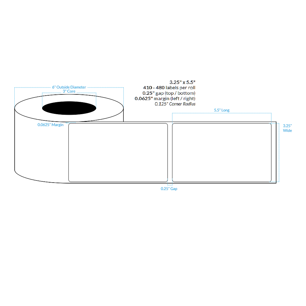 3.25" X 5.5" PREMIUM HIGH GLOSS WHITE Polypropylene BOPP {ROUNDED CORNERS} Roll Labels  (3"CORE/6"OD)