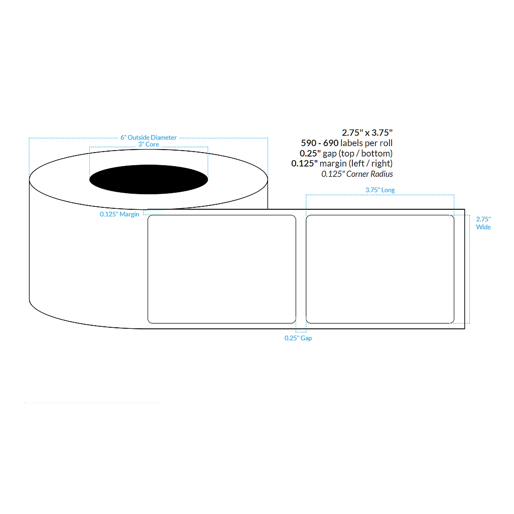 2.75" x 3.75" PREMIUM HIGH GLOSS WHITE Polypropylene BOPP {ROUNDED CORNERS} Roll Labels (3"CORE/6"OD)