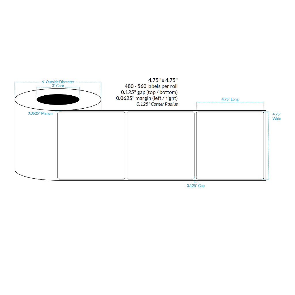 4.75" x 4.75" PREMIUM HIGH GLOSS WHITE Polypropylene BOPP {ROUNDED CORNERS} Roll Labels (3"CORE/6"OD)