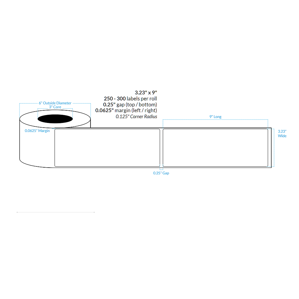 [100734-3X6-HGB-151-1000000] 3.23" X 9" PREMIUM HIGH GLOSS WHITE Polypropylene BOPP {ROUNDED CORNERS} Roll Labels  (3"CORE/6"OD)