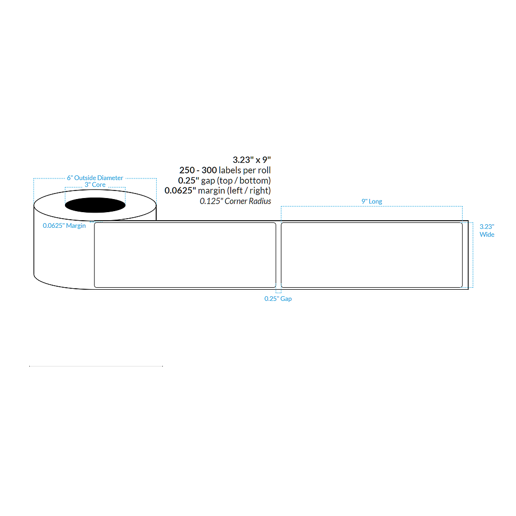 3.23" X 9" PREMIUM HIGH GLOSS WHITE Polypropylene BOPP {ROUNDED CORNERS} Roll Labels  (3"CORE/6"OD)