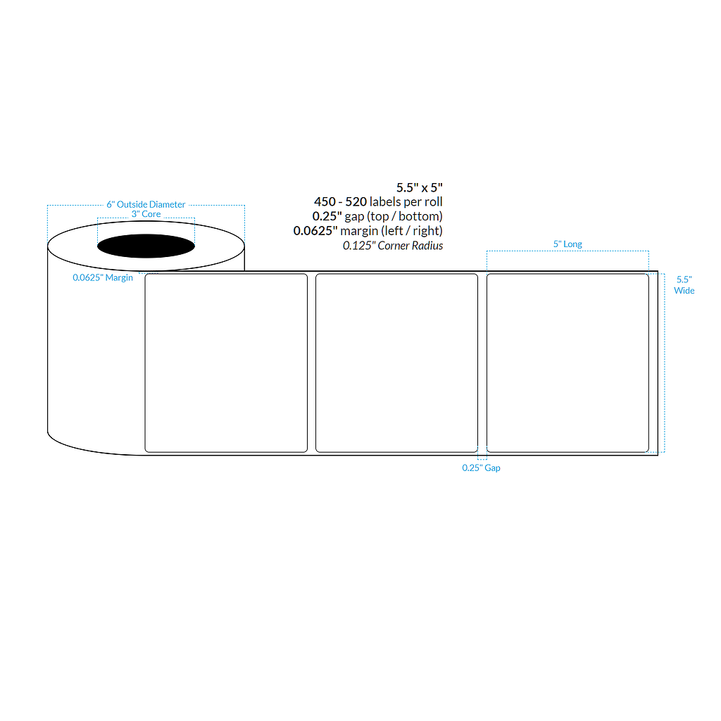 5.5" X 5" PREMIUM HIGH GLOSS WHITE Polypropylene BOPP {ROUNDED CORNERS} Roll Labels (3"CORE/6"OD)