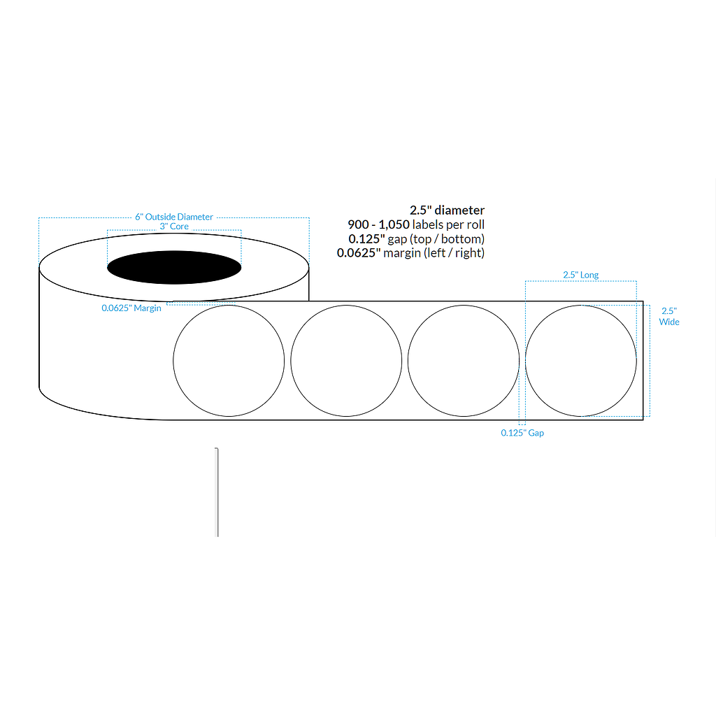 [100638-3X6-HGB-151-1000000] 2.5" Premium High Gloss White Polypropylene BOPP {Circle} Roll Labels (3"Core/6"OD)