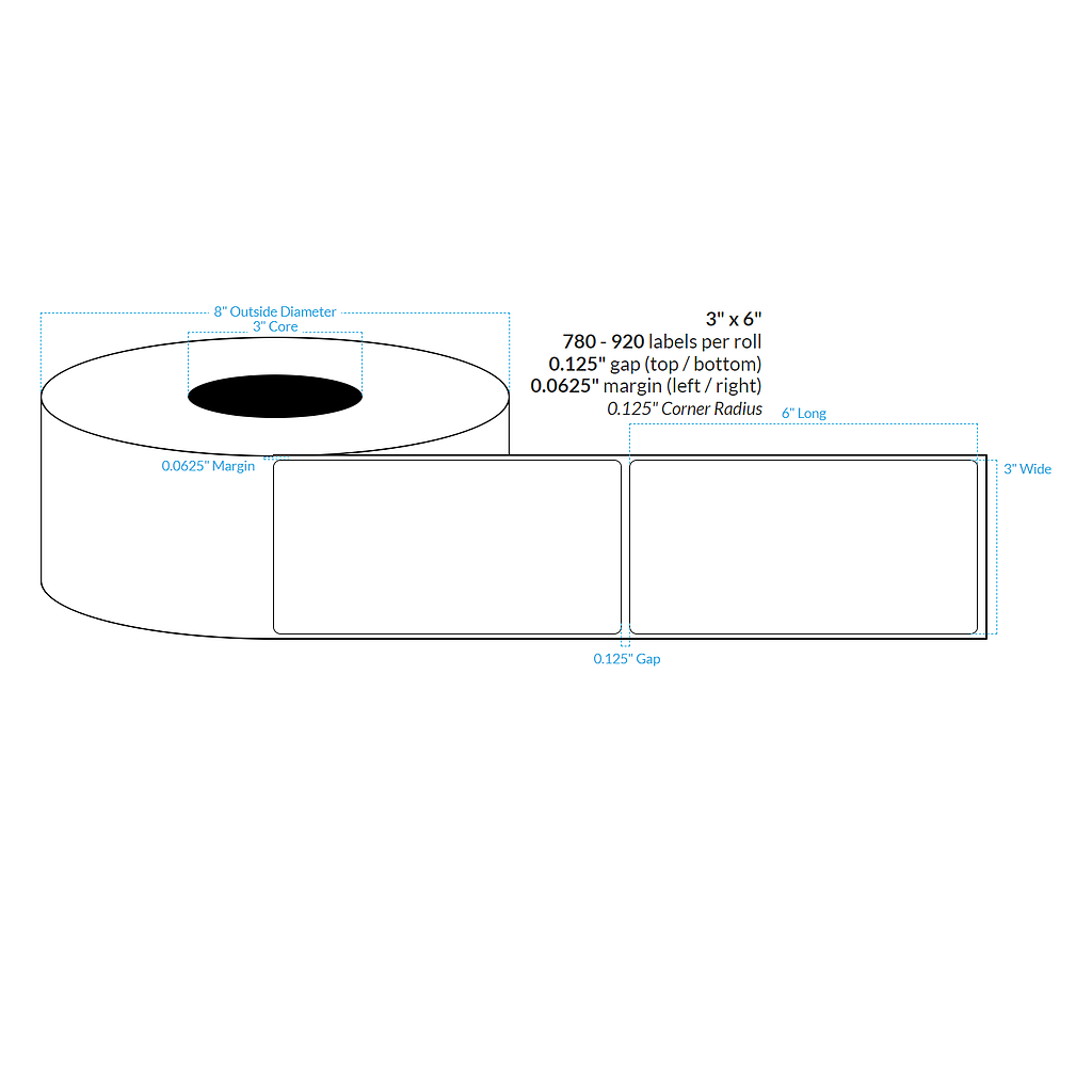 [100857-3X8-MWB-129-1000000] 3" x 6"  MATTE WHITE Polypropylene BOPP {ROUNDED CORNERS} Roll Labels  (3"CORE/8"OD)
