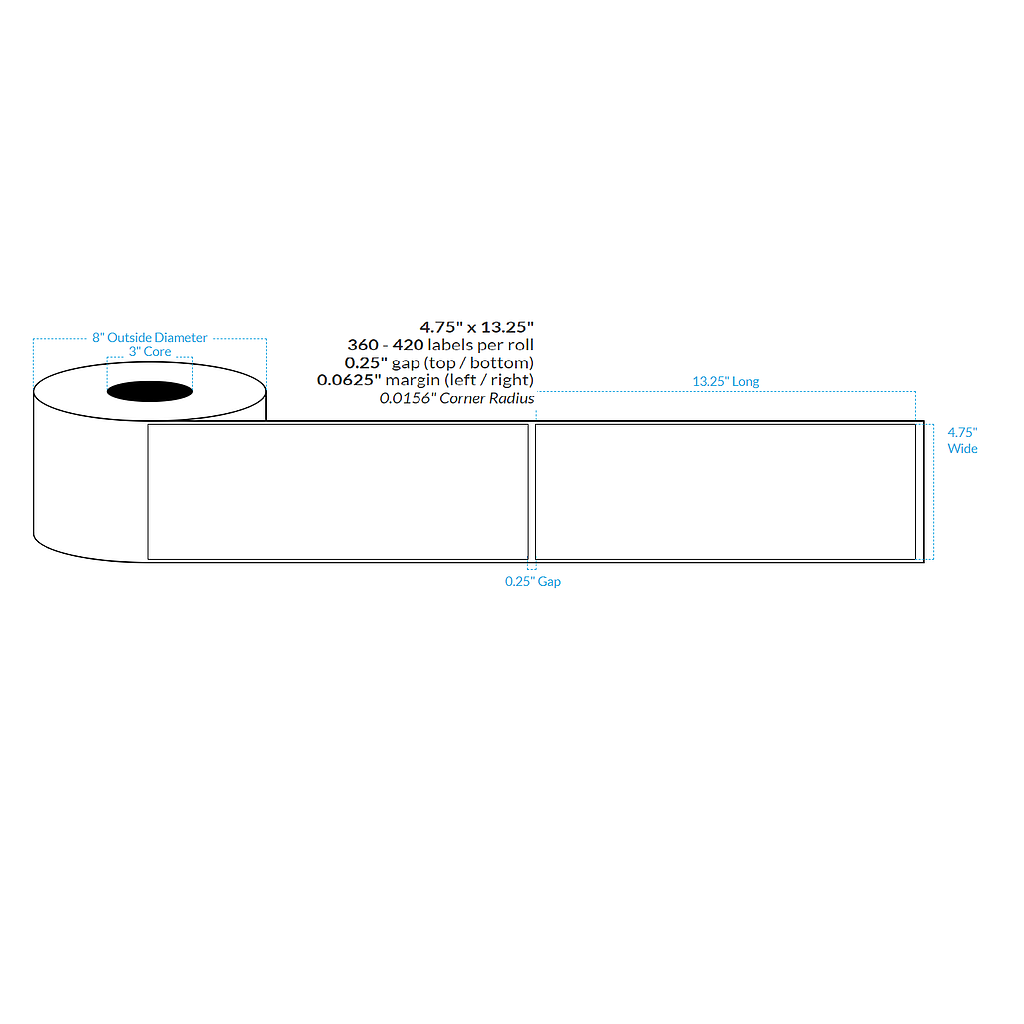 [102215-3X8-HGWP-110-1000000] 4.75" X 13.25" High Gloss White Paper {Square Corners} Roll Labels (3"Core/8"OD)