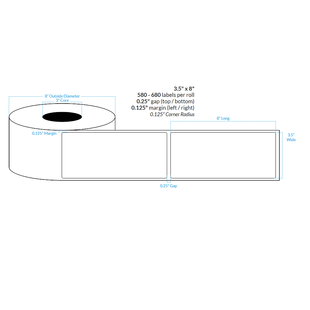 3.5" x 8"  MATTE WHITE Polypropylene BOPP {ROUNDED CORNERS} Roll Labels  (3"CORE/8"OD)