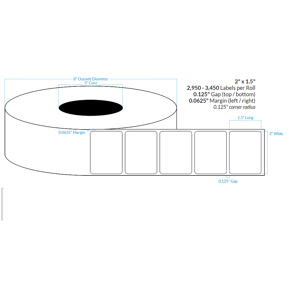 [100080-3X8-MWB-129-1000000] 2" x 1.5"  MATTE WHITE Polypropylene BOPP {ROUNDED CORNERS} Roll Labels  (3"CORE/8"OD)