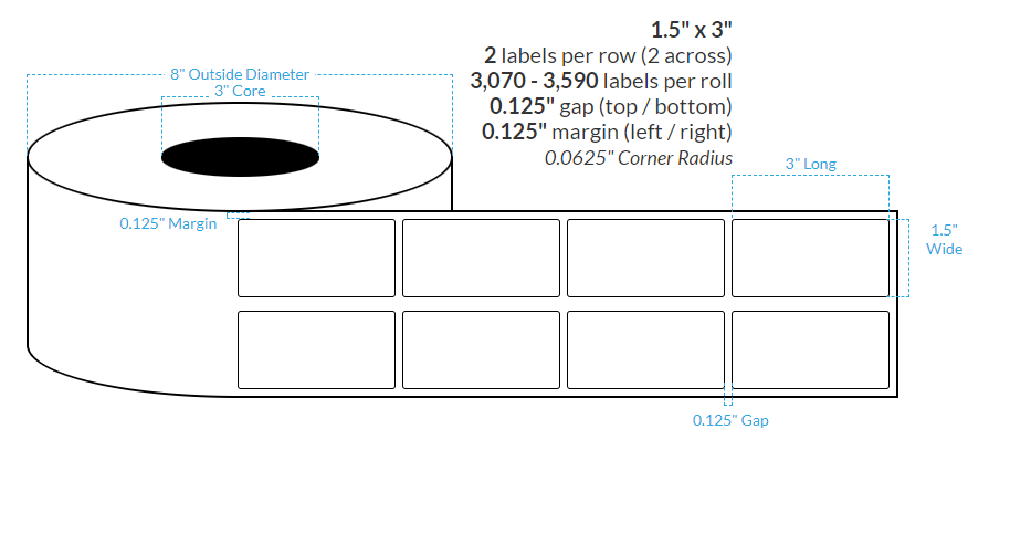 [104046-3X8-HGB-110-2000000] 1.5" x 3" HIGH GLOSS WHITE Polypropylene BOPP {ROUNDED CORNERS} Roll Labels (3"CORE/8"OD)