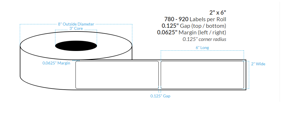 2" X 6" High Gloss White Polypropylene BOPP {Rounded Corners} Roll Labels (3"Core/8"OD)