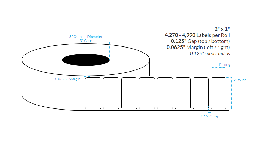 [100446-3X8-HGB-110-1000000] 2" x 1" HIGH GLOSS WHITE Polypropylene BOPP {ROUNDED CORNERS} Roll Labels (3"CORE/8"OD)