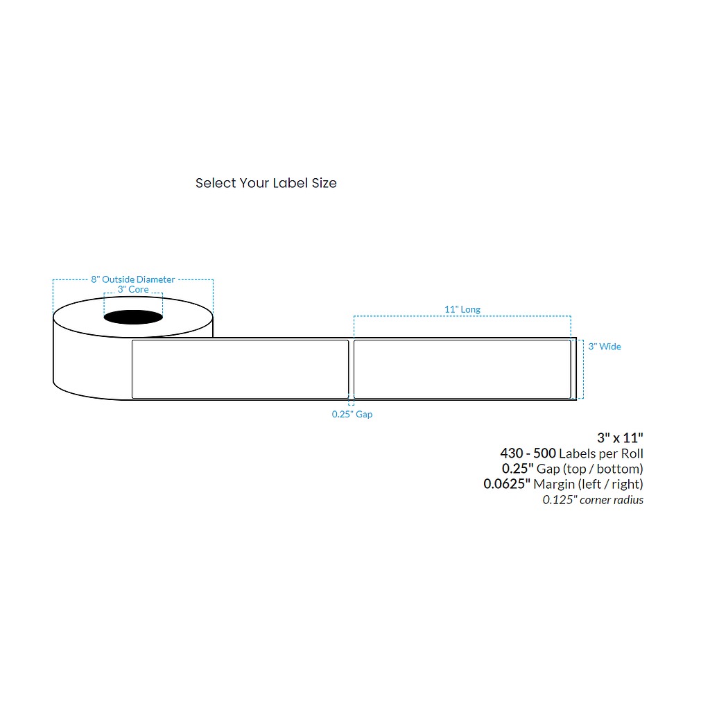 [100899-3X8-HGB-110-1000000] 3" x 11"  HIGH GLOSS WHITE Polypropylene BOPP {ROUNDED CORNERS} Roll Labels (3"CORE/8"OD)