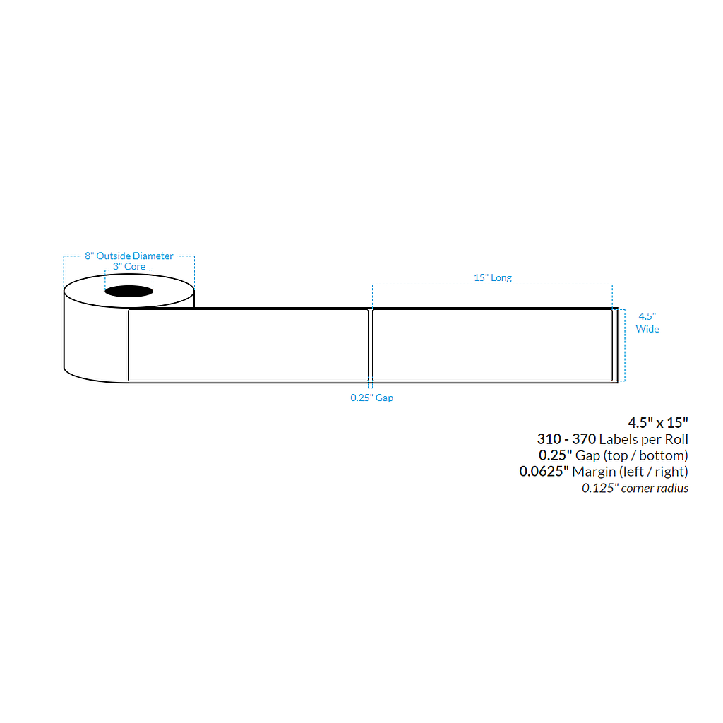 [100422-3X8-HGB-110-1000000] 4.5" x 15"  HIGH GLOSS WHITE Polypropylene BOPP {ROUNDED CORNERS} Roll Labels (3"CORE/8"OD)