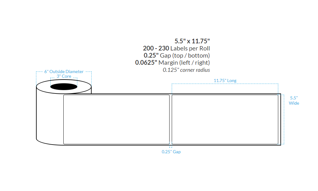 [104055-3X6-HGB-162-1000000] 5.5" X 11.75" PREMIUM HIGH GLOSS WHITE Polypropylene BOPP {SQUARE CORNERS} Roll Labels  (3"CORE/6"OD)