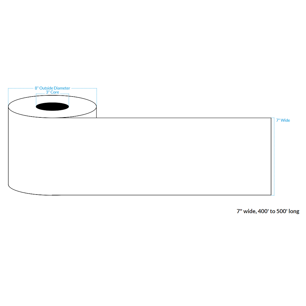 7" x 500' HIGH GLOSS WHITE Polypropylene BOPP {CONTINUOUS} Roll Labels  (3"CORE/8"OD)