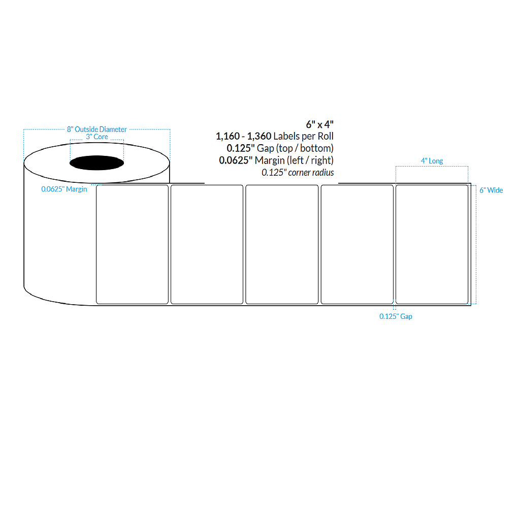 [100685-3X8-MWP-181-1000000] 6" X 4" Matte White Paper {Rounded Corners} Roll Labels  (3"Core/8"OD)