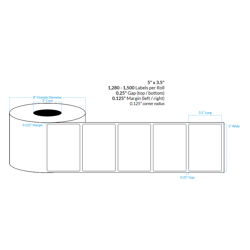5" x 3.5" MATTE WHITE PAPER {ROUNDED CORNERS} Roll Labels  (3"CORE/8"OD)