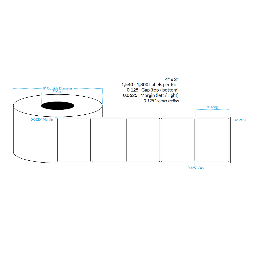 [100859-3X8-CB-161-1100000] 4" X 3" INKJET CLEAR Polypropylene BOPP {ROUNDED CORNERS} Roll Labels  (3"CORE/8"OD)