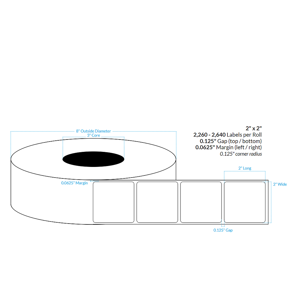 [100707-3X8-MWB-161-1000000] 2" X 2"  Matte White Polypropylene BOPP {Rounded Corners} Roll Labels  (3"Core/8"OD)