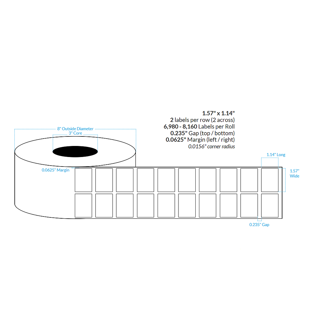 [103756-3X8-HGB-129-2000000] 1.57" x 1.14"  2-ACROSS HIGH GLOSS WHITE Polypropylene BOPP {SQUARE CORNERS} Roll Labels (3"CORE/8"OD)