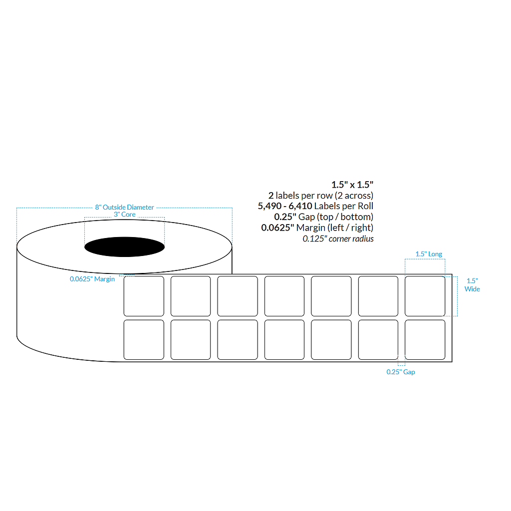 [100714-3X8-SSH-129-2000000] 1.5" x 1.5"  2-ACROSS SMOOTH SILVER HOLOGRAPHIC {ROUNDED CORNERS} Roll Labels (3"CORE/8"OD)