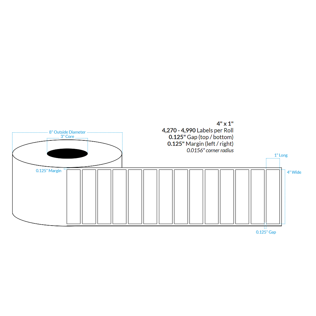 [100668-3X8-HGB-129-1000000] 4" x 1" HIGH GLOSS WHITE Polypropylene BOPP {SQUARE CORNERS} Roll Labels (3"CORE/8"OD)