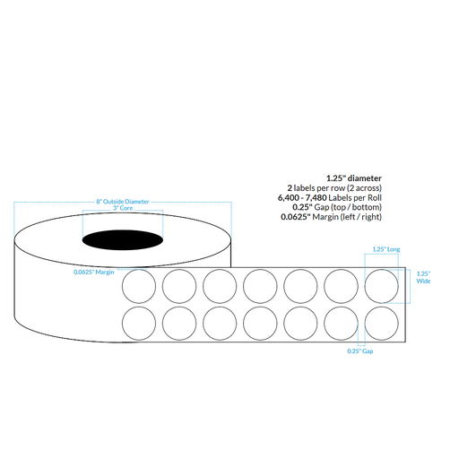 1.25" 2 ACROSS SMOOTH SILVER HOLOGRAPHIC {CIRCLE} Roll Labels w/Timing Marks  (3"CORE/8"OD)