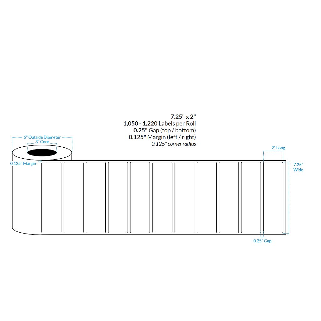 [100274-3X6-MWB-113-1000000] 7.25" X 2" Matte White Polypropylene BOPP {Rounded Corners} Roll Labels  (3"Core/6"OD)
