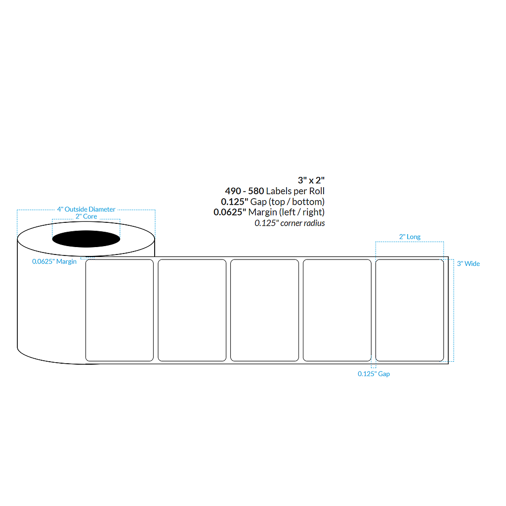3" x 2"  HIGH GLOSS WHITE Polypropylene BOPP {ROUNDED CORNERS} Roll Labels  (2"CORE/4"OD)