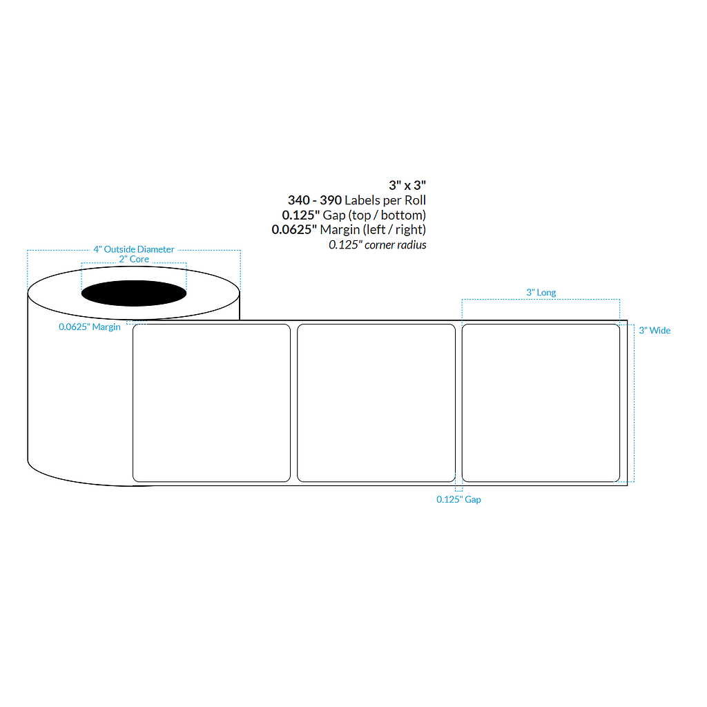 [100603-2X4-HGB-195-1000000] 3" x 3" HIGH GLOSS WHITE Polypropylene BOPP {ROUNDED CORNERS} Roll Labels  (2"CORE/4"OD)