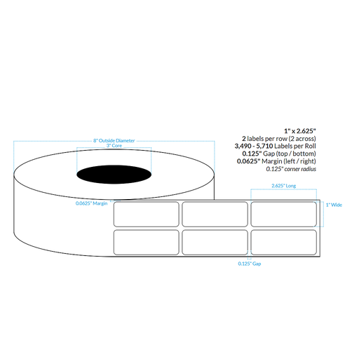 [100187-3X8-CB-143-2100000] 1" X 2.625" INKJET CLEAR Polypropylene BOPP {ROUNDED CORNERS} Roll Labels  (3"CORE/8"OD)