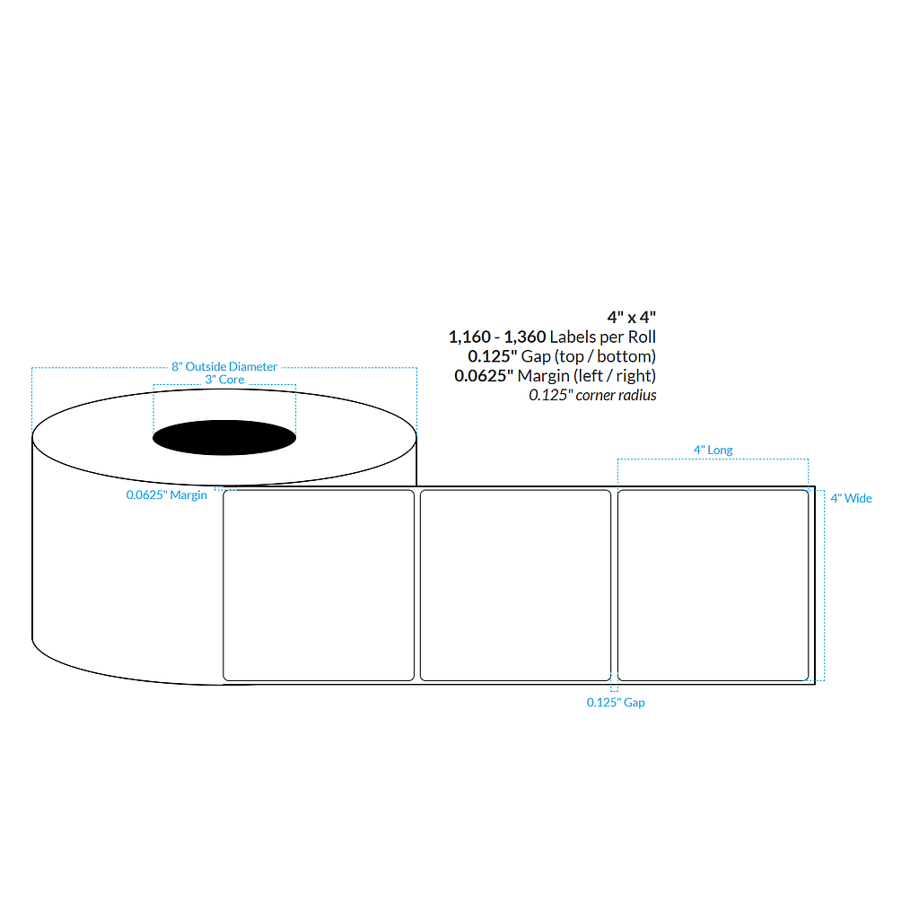 [100548-3X8-HGB-161-1000000] 4" x 4" HIGH GLOSS WHITE Polypropylene BOPP {ROUNDED CORNERS} Roll Labels (3"CORE/8"OD)
