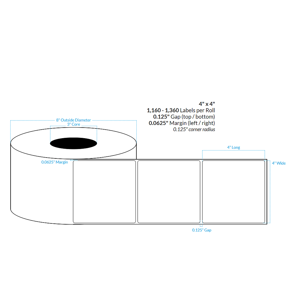 4" x 4" HIGH GLOSS WHITE Polypropylene BOPP {ROUNDED CORNERS} Roll Labels (3"CORE/8"OD)