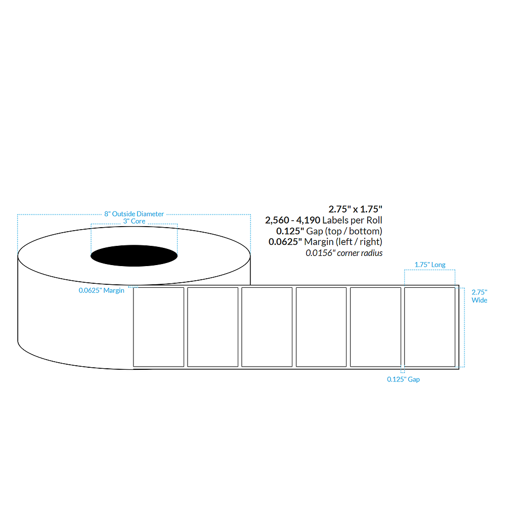 [101300-3X8-MWB-161-1000000] 2.75" X 1.75" Matte White Polypropylene BOPP {Square Corners} Roll Labels (3"Core/8"OD)