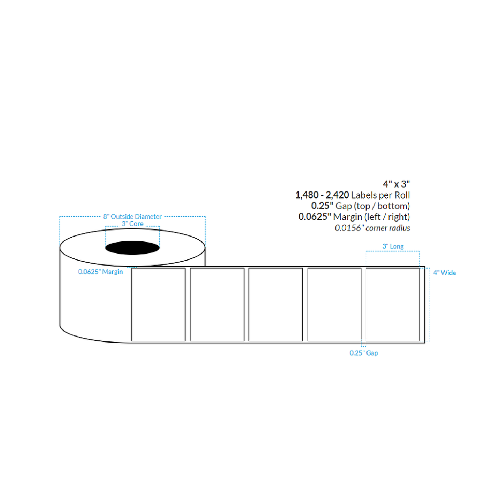 [100265-3X8-HGWP-182-1000000] 4" X 3" High Gloss White Paper {Square Corners} Roll Labels (3"Core/8"OD)