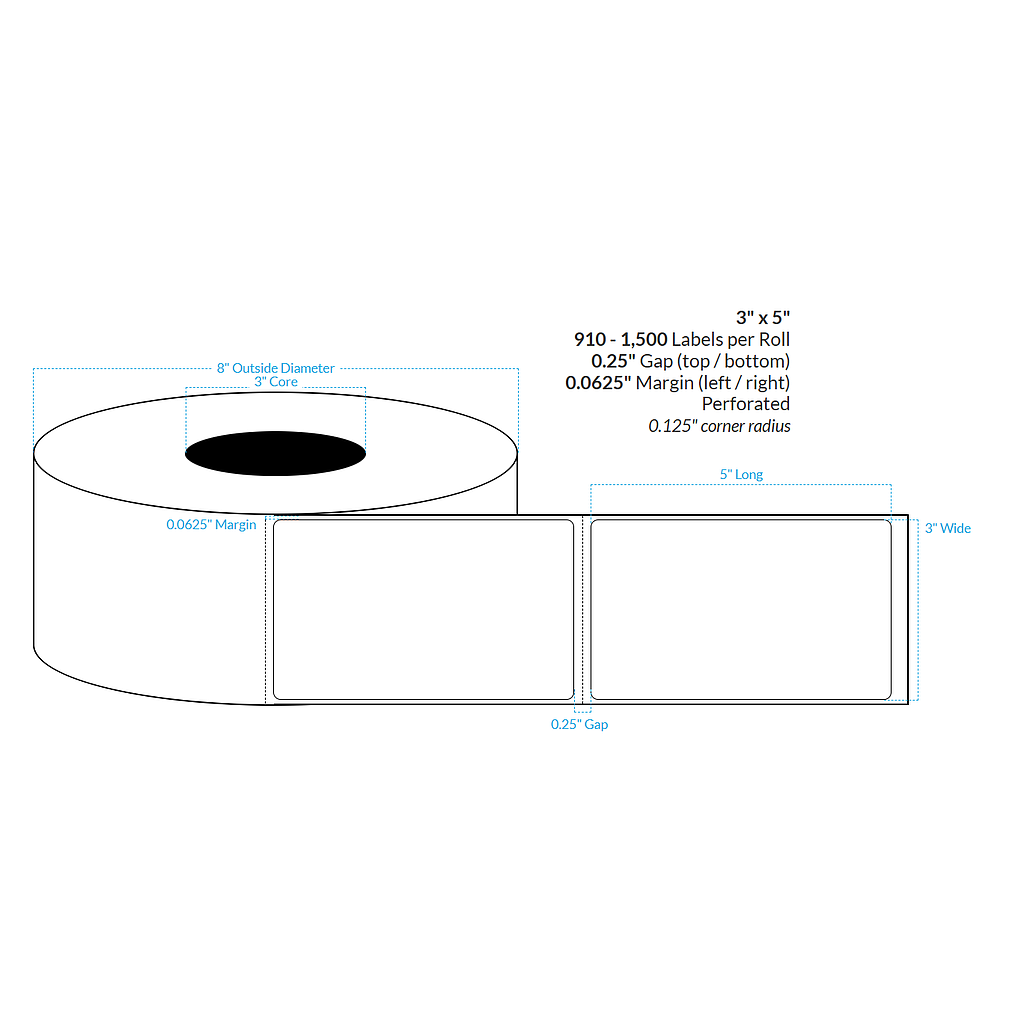 3" x 5"  MATTE WHITE Polypropylene BOPP {ROUNDED CORNERS} PERFORATED Roll Labels  (3"CORE/8"OD)