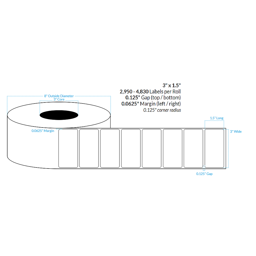 [100472-3X8-MWB-129-1000000] 3" x 1.5"  MATTE WHITE Polypropylene BOPP {ROUNDED CORNERS} Roll Labels  (3"CORE/8"OD)