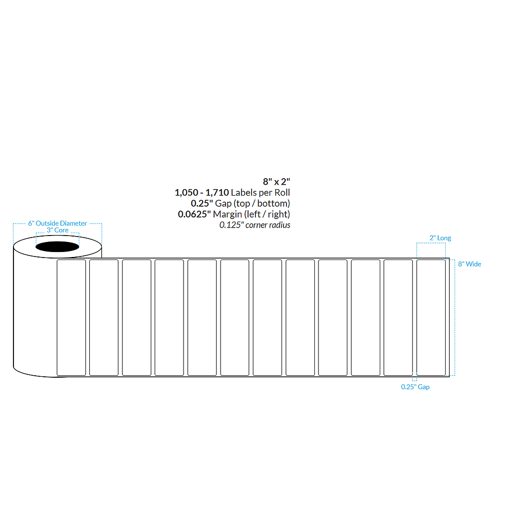 8" X 2" High Gloss White Polypropylene BOPP {Rounded Corners} Roll Labels (3"Core/6"OD)