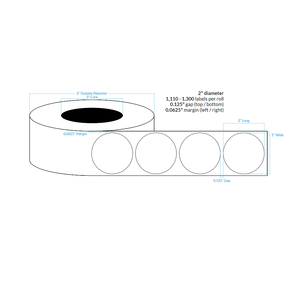 [101720-3X6-HGB-113-1000000] 2" HIGH GLOSS WHITE Polypropylene BOPP {CIRCLE} Roll Labels (3"CORE/6"OD)